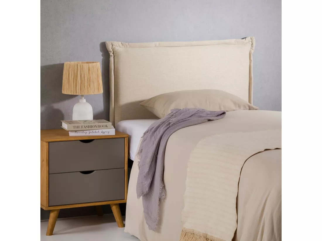Tête de lit NERINA 90 rembourrée, En tissu polyester pour lit 90 cm, Sur pieds en bois, Écru