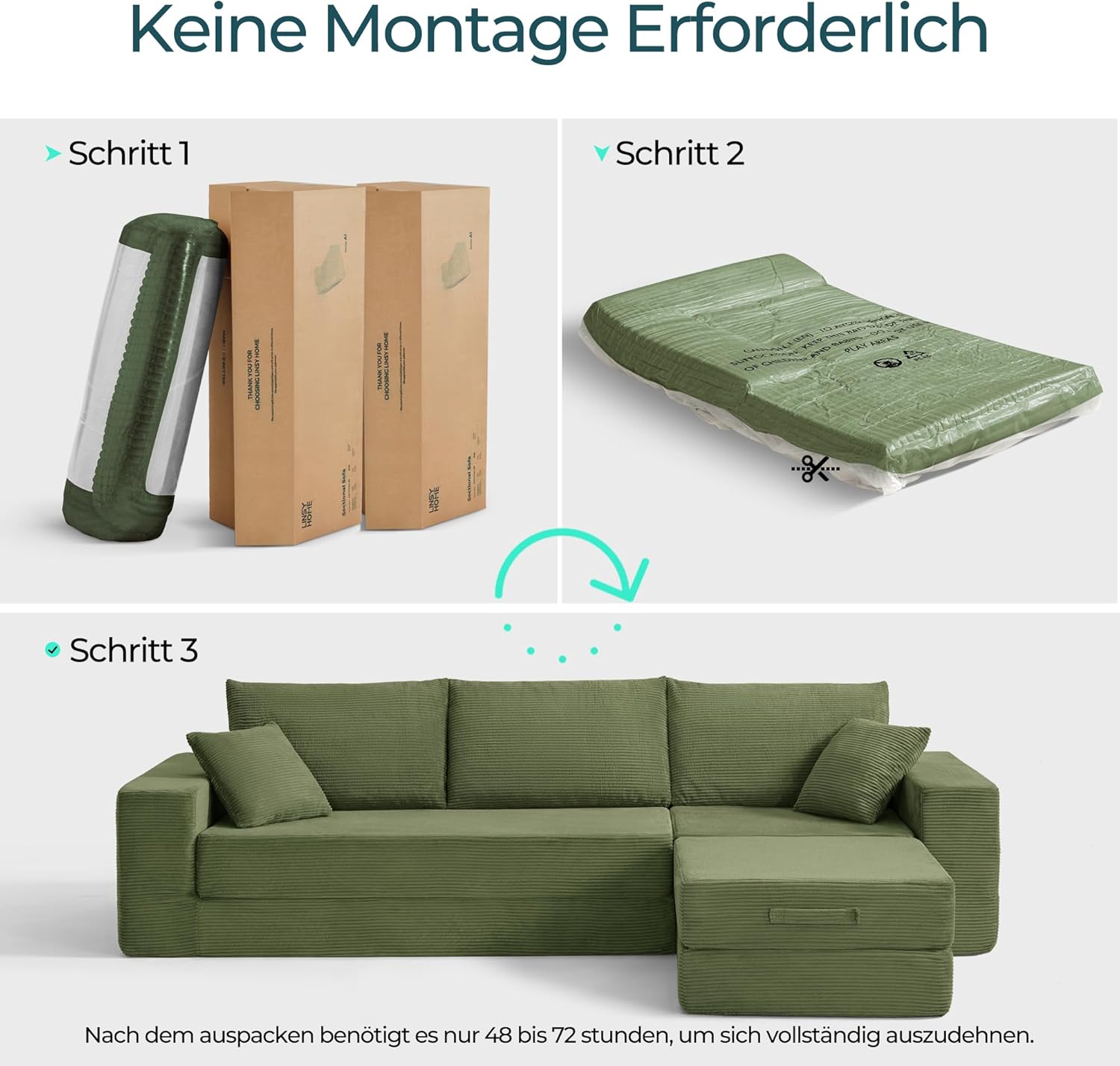 LINSY HOME Ecksofa mit Schlaffunktion - Bodensofa Bed mit Pillow Back Support Armrest - Schlafsofa Klappbar - Compressed Sofa in Box - Cord Stoff für Wohnzimmer Schlafzimmer (Grün)