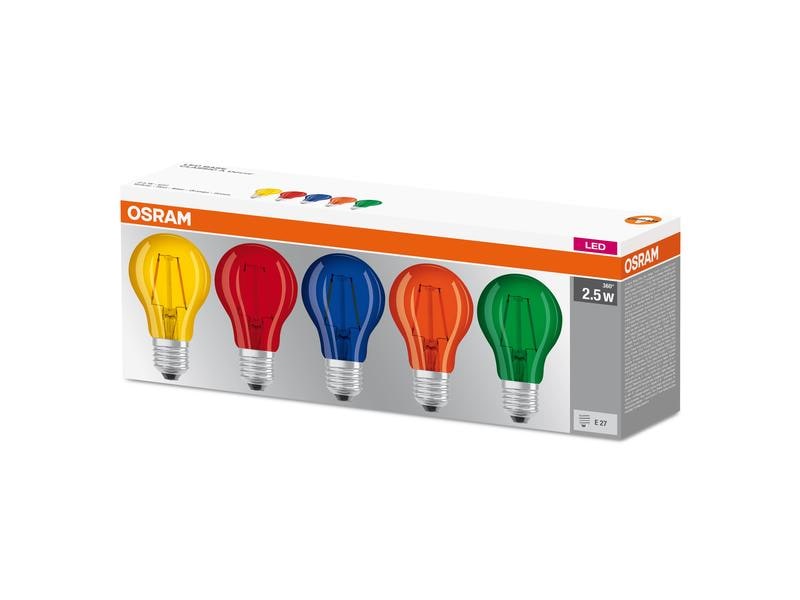 OSRAM Lampe Star Color Box, 2.5W, E27, 5 Stück, Mehrfarbig Farbige LED-Lampen in klassischer Kolbenform
