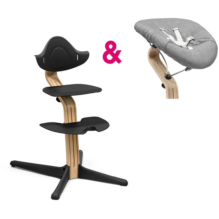 STOKKE® Nomi® Hochstuhl Eiche natur  schwarz inkl. Newborn Set schwarz  grau blau