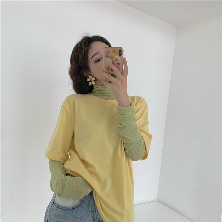 Monroll - Effen T-shirt met elleboogmouwen / Doorschijnende top met lange mouwen