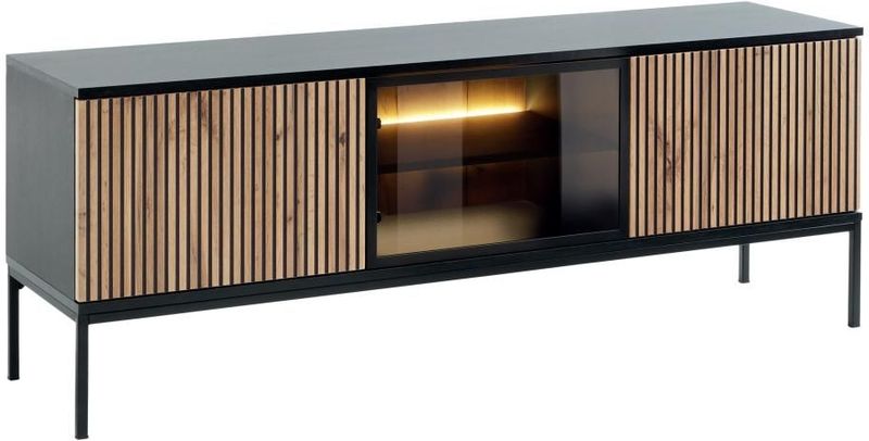 Vente-unique - OVILA - Tv-meubel - Zwart en naturel - MDF en Glas - 3 Deurtjes met Ledverlichting