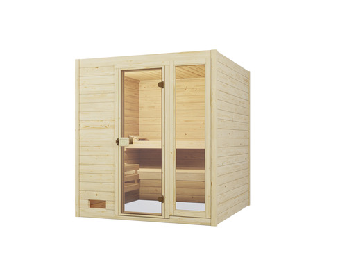 Weka Valida Plus massief houten sauna inclusief 9 kW kachel en geïntegreerde besturing met raam en volledig glazen deur van helder glas