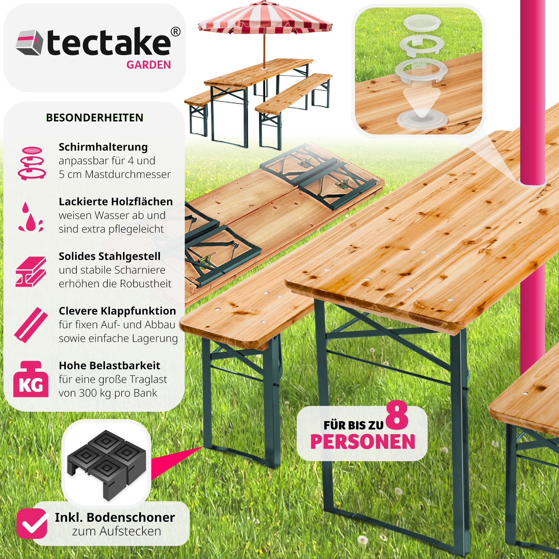 tectake® Bierzeltgarnitur, 3-teilig mit Sonnenschirmhalterung, belastbar, Holzlackierung mit Klarlack