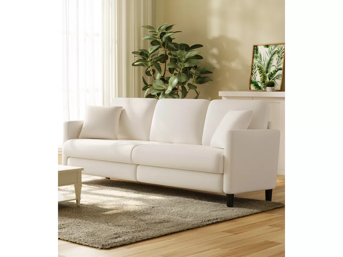 Canapé 3 Places en Velours Teddy,Grand Canapé Droit Confort en Bois Massif,Loveseat avec Accoudoirs,210 x 79 x 89 cm - Beige