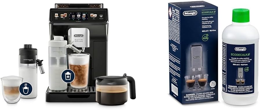 De'Longhi Eletta Explore Cold Brew ECAM452.67.G Kaffeevollautomat mit LatteCrema Milchsystem, Heiße & Kalte Getränke auf Knopfdruck, Touchscreen, inkl. Kaffeekanne, Dunkelgrau mit DLSC 500 Entkalker