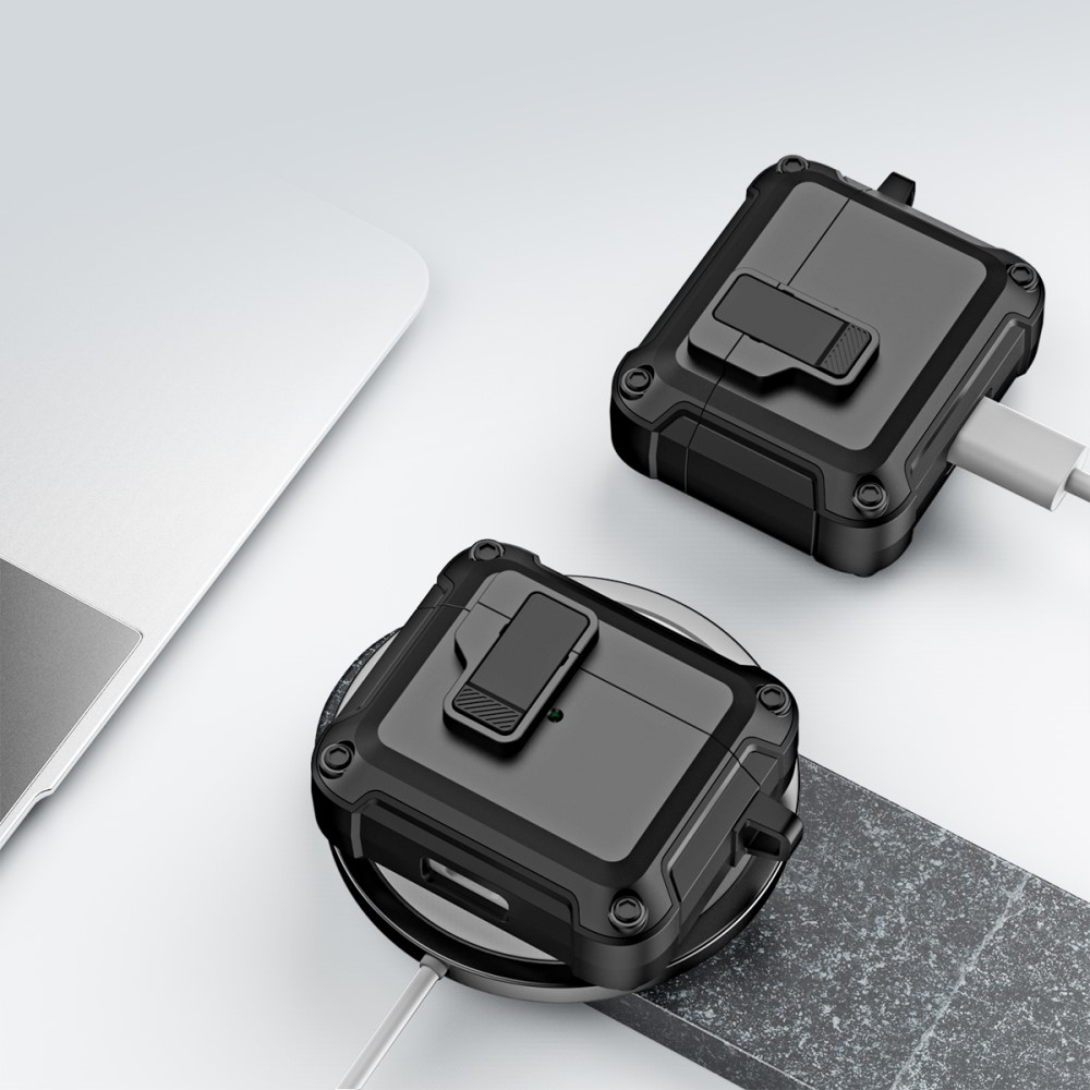 AirPods (3. Generation) Hybrid Hardcase Schutzhülle mit Verschluss   Karabinerhaken - Schwarz / Blau