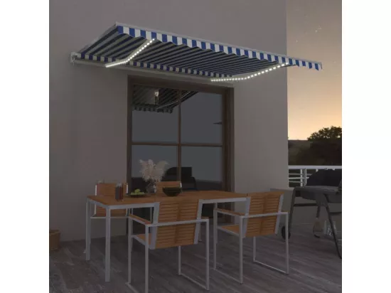 Auvent automatique capteur de vent/LED 400x350 cm Bleu et blanc
