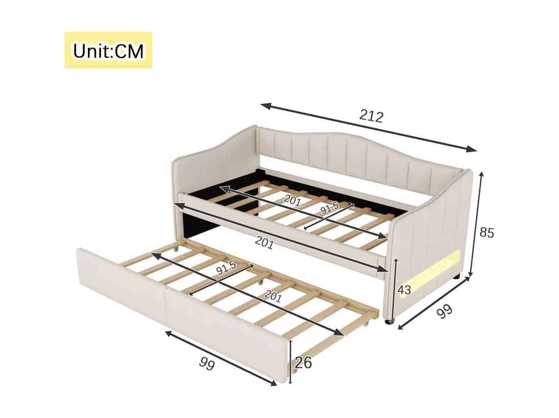 Lit gigogne 90/180 x 200 cm avec 2 tiroirs - tissu en lin - LEDs - beige (sans matelas)