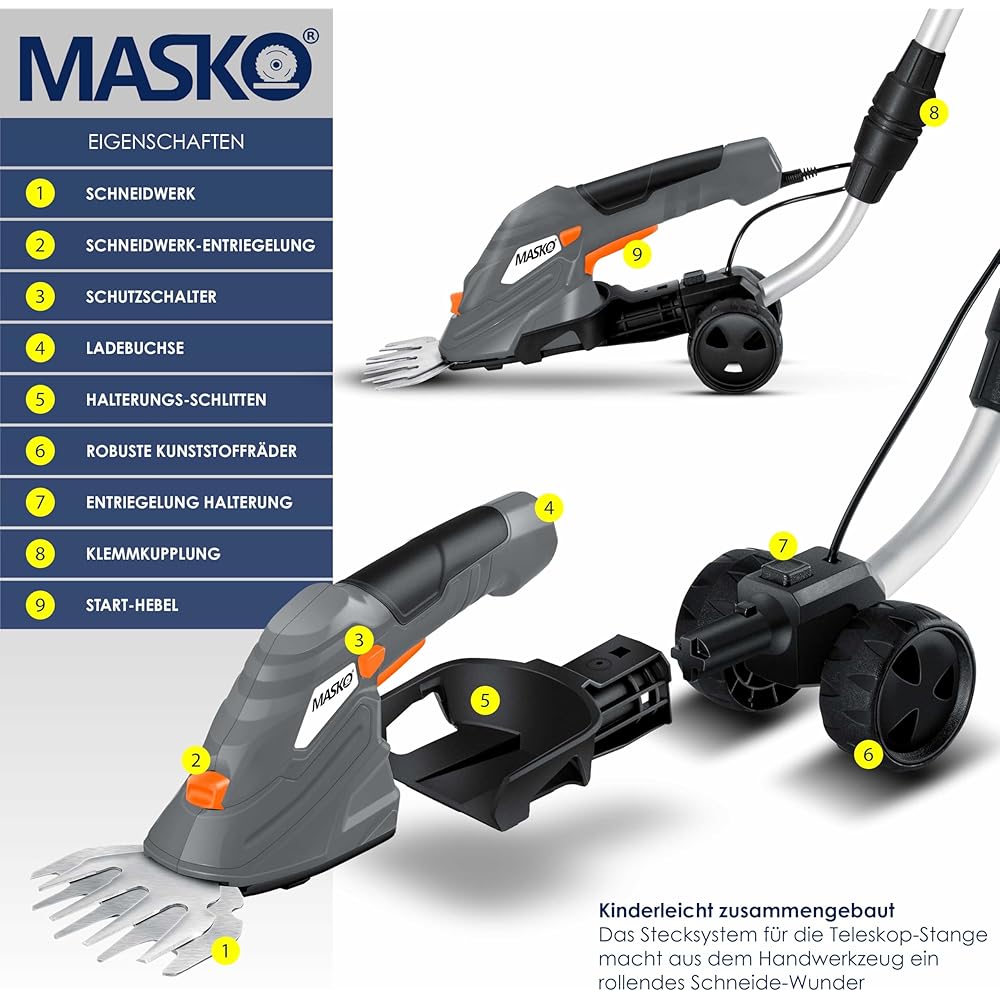 Masko® Cisaille à Gazon | Cisaille à arbustes + Gants, Set avec Batterie 7,2 V 2 000 mA/h et Chargeur | Taille-haie électrique de Jardin | Ciseaux à Gazon avec Lame à Herbe, Lame pour arbuste, Gris : Jardin