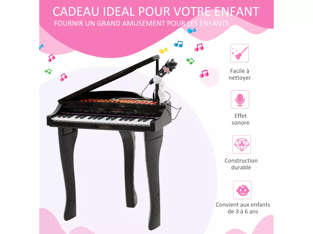 Piano à queue électronique 37 touches multifonctions avec micro haut parleur noir