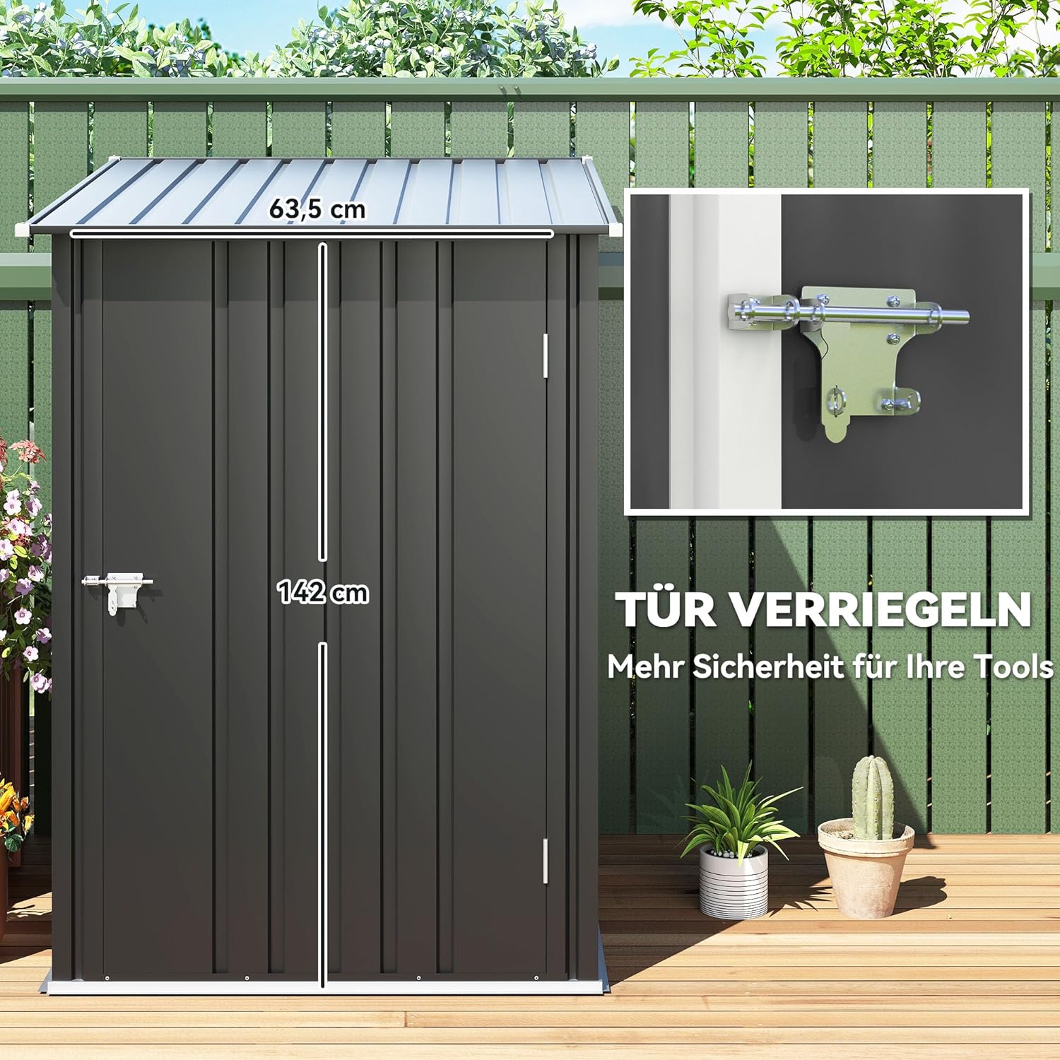 Outsunny Metall Gerätehaus 0,92 m² 100x103x160cm Geräteschuppen mit Pultdach Abschließbarer Tür Gartenhaus Outdoor Garten Schuppen Schrank für Hinterhof Außenbereich Dunkelgrau