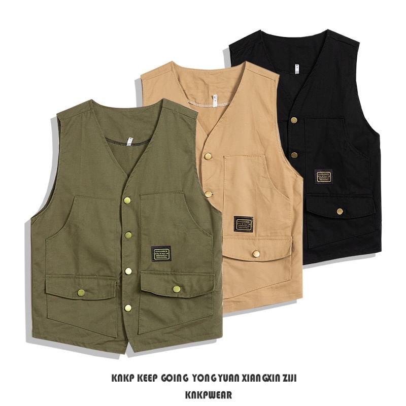 Neonity Wear - V-hals effen cargovest met applicatie en knopen