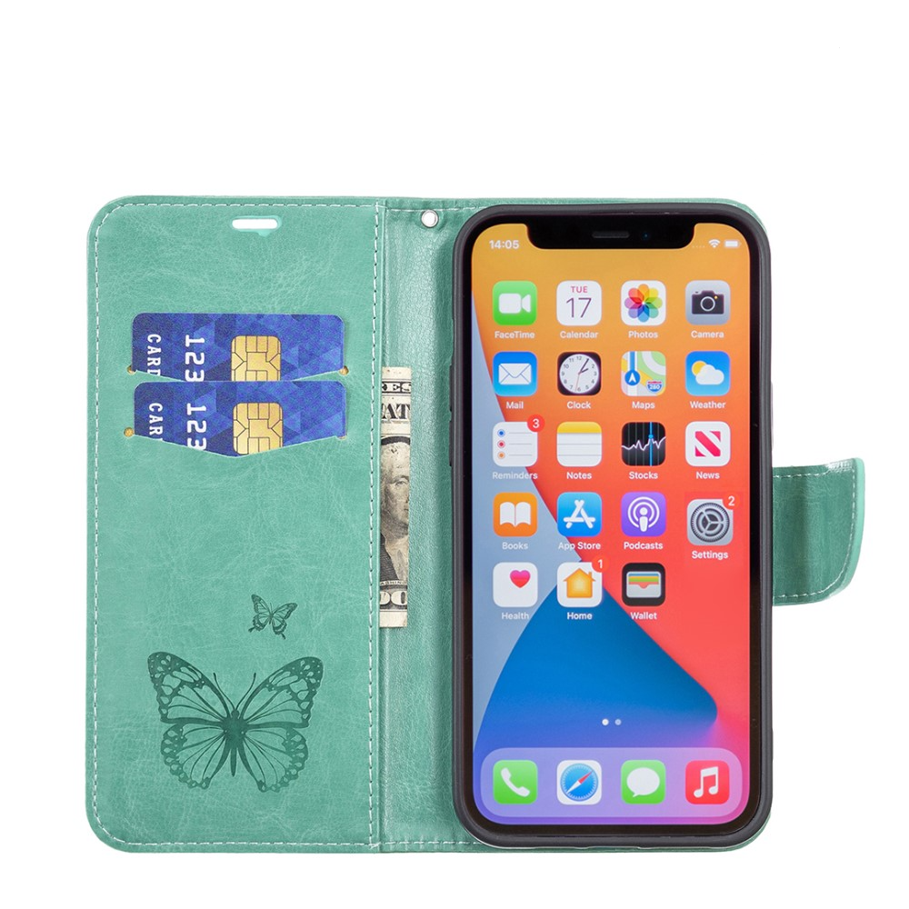 iPhone 13 Pro Leder Tasche mit Kartenfach   Handschlaufe Schmetterling - Türkis