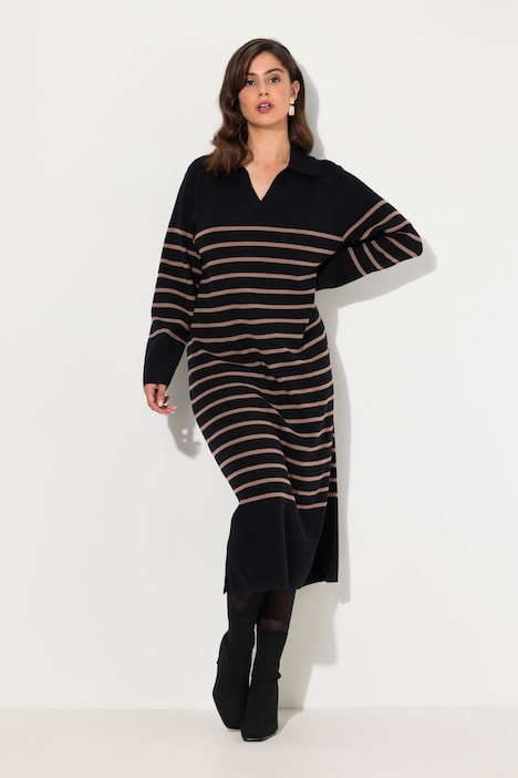 Strick-Midikleid, Streifen, Kragen, V-Ausschnitt, Langarm