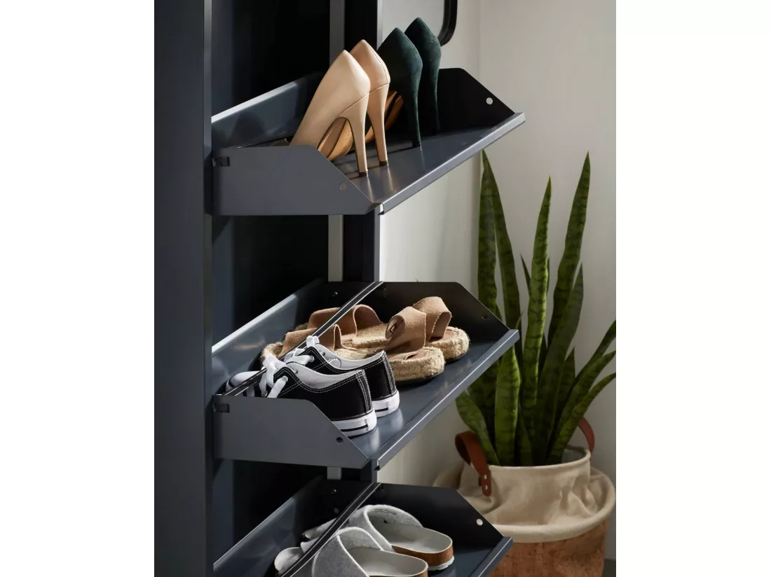 Meuble à chaussures Gonzalo, Meuble à chaussures en métal, Armoire d'entrée polyvalente, Rangement pour chaussures, 50x15h138 cm, Noir