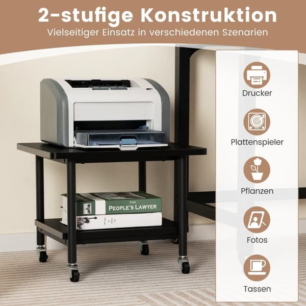 Printerbord med 2 nivåer og låsbare hjul, skriverstativ, skrivervogn, sort