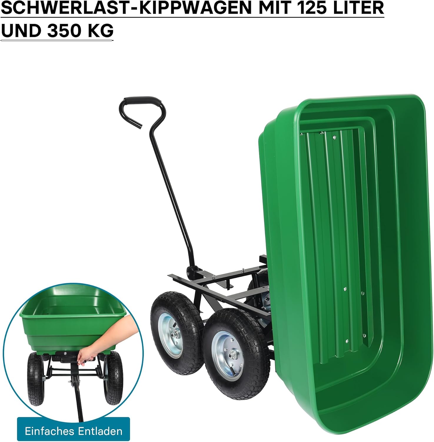 Wiltec Gartenwagen mit Kippfunktion bis 350 kg, Handwagen mit 125 l Volumen, Bollerwagen für Gartenarbeit, Handkarren für u. a. Rasen, Kies, Schlamm