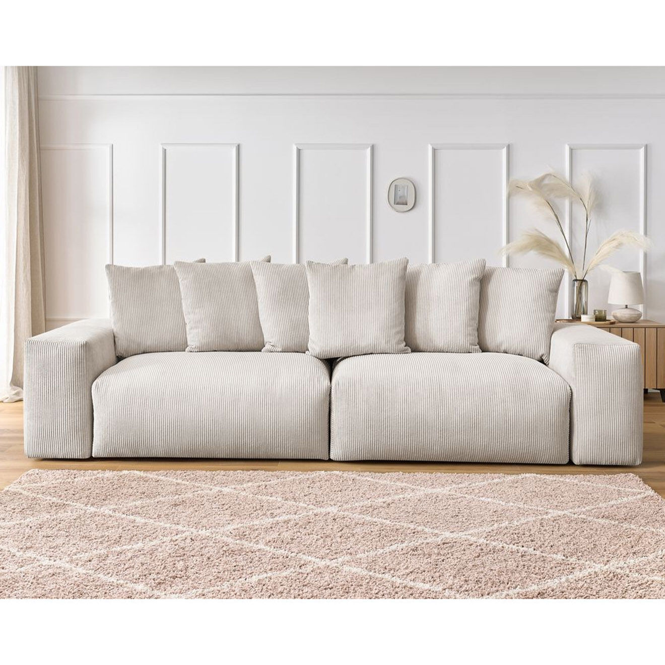 Bobochic Canapé 4 places moelleux voltaire velours côtelé beige - 320x124x75 cm