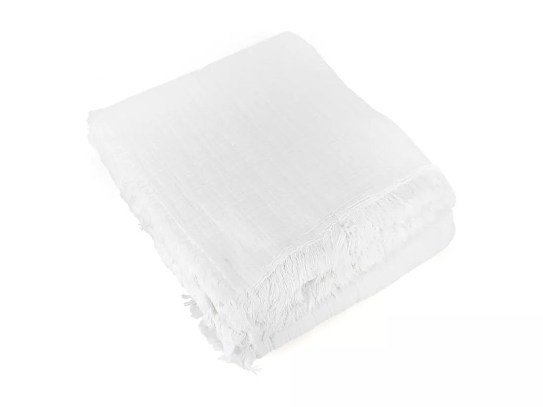 Dessus de lit frange 270x250 cm BREHAT 100% gaze de coton blanc