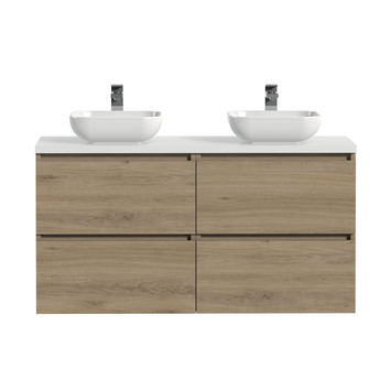 Tiger Karlo Badkamermeubelset 120 cm Chalet eik met wit houten wasblad en glanzend witte keramische waskom