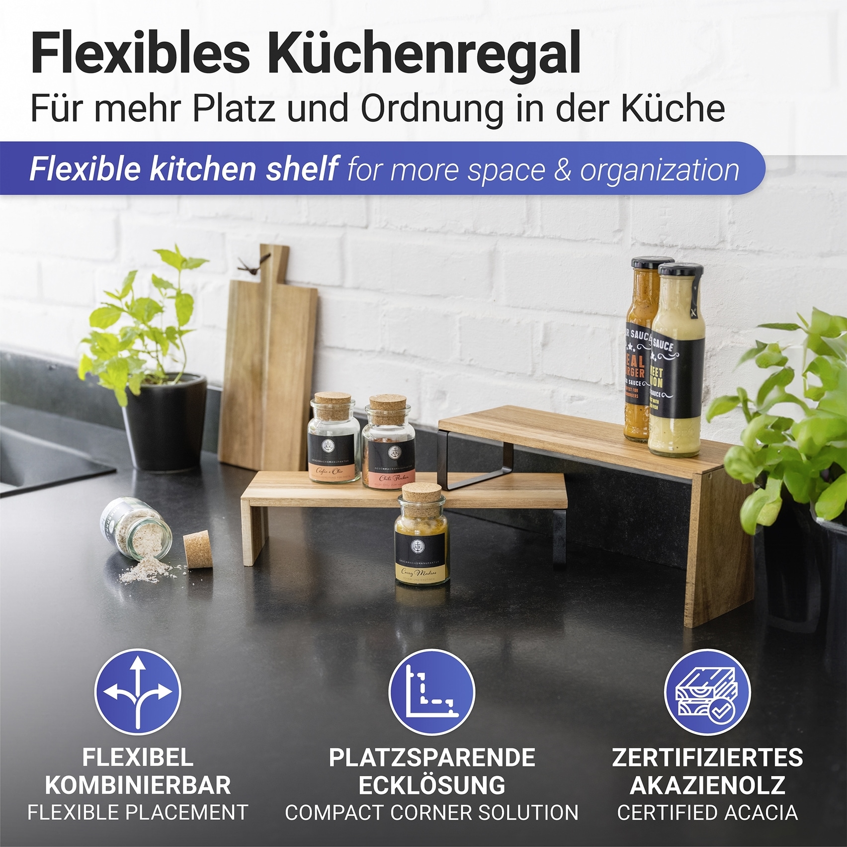WENKO Küchenregal »Modell Vali Akazie« 2 Stk. tlg. Regal aus Akazienholz für die Arbeitsfläche, flexibel kombinierbar
