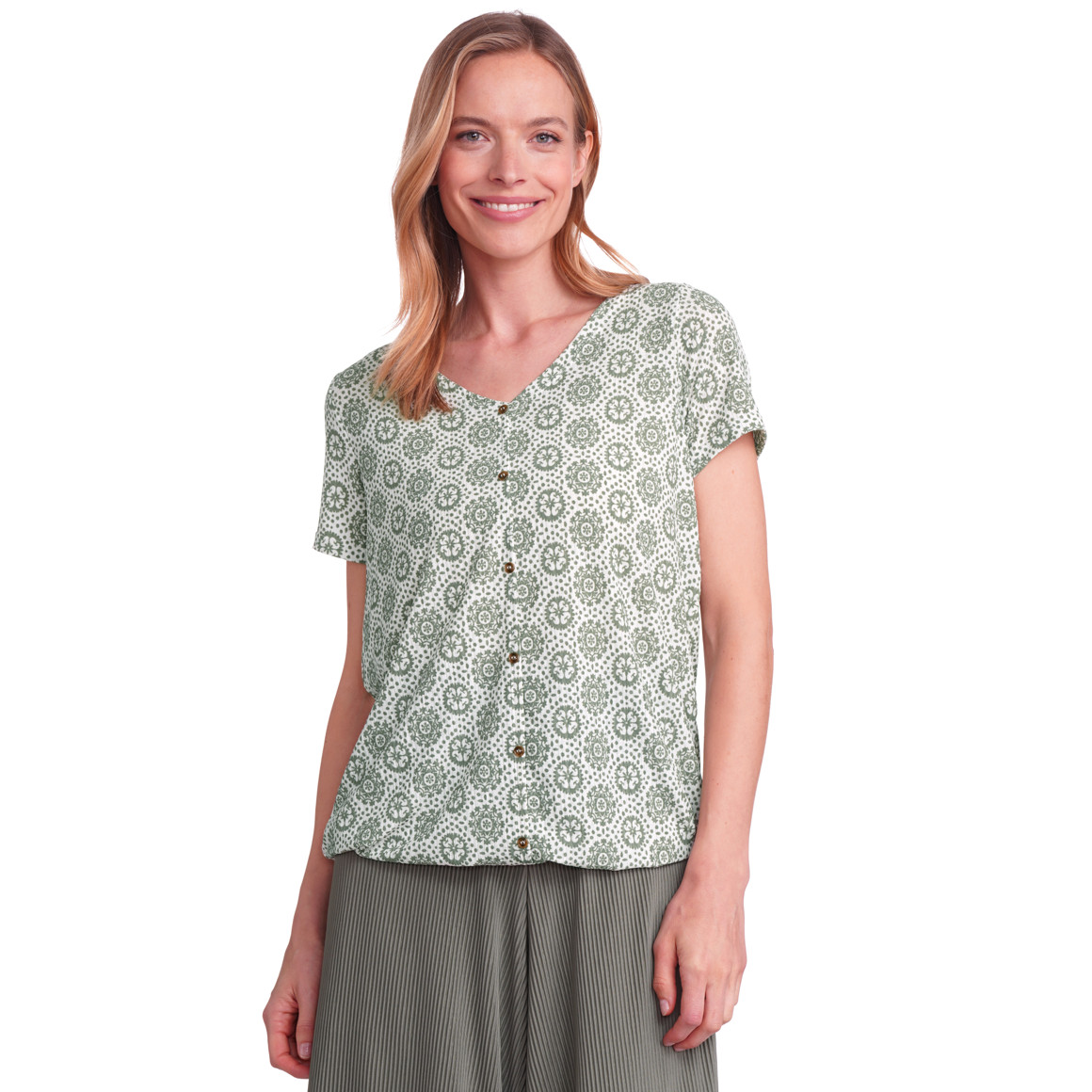 Damen T-Shirt mit floralem Muster weiss / dunkelgrün