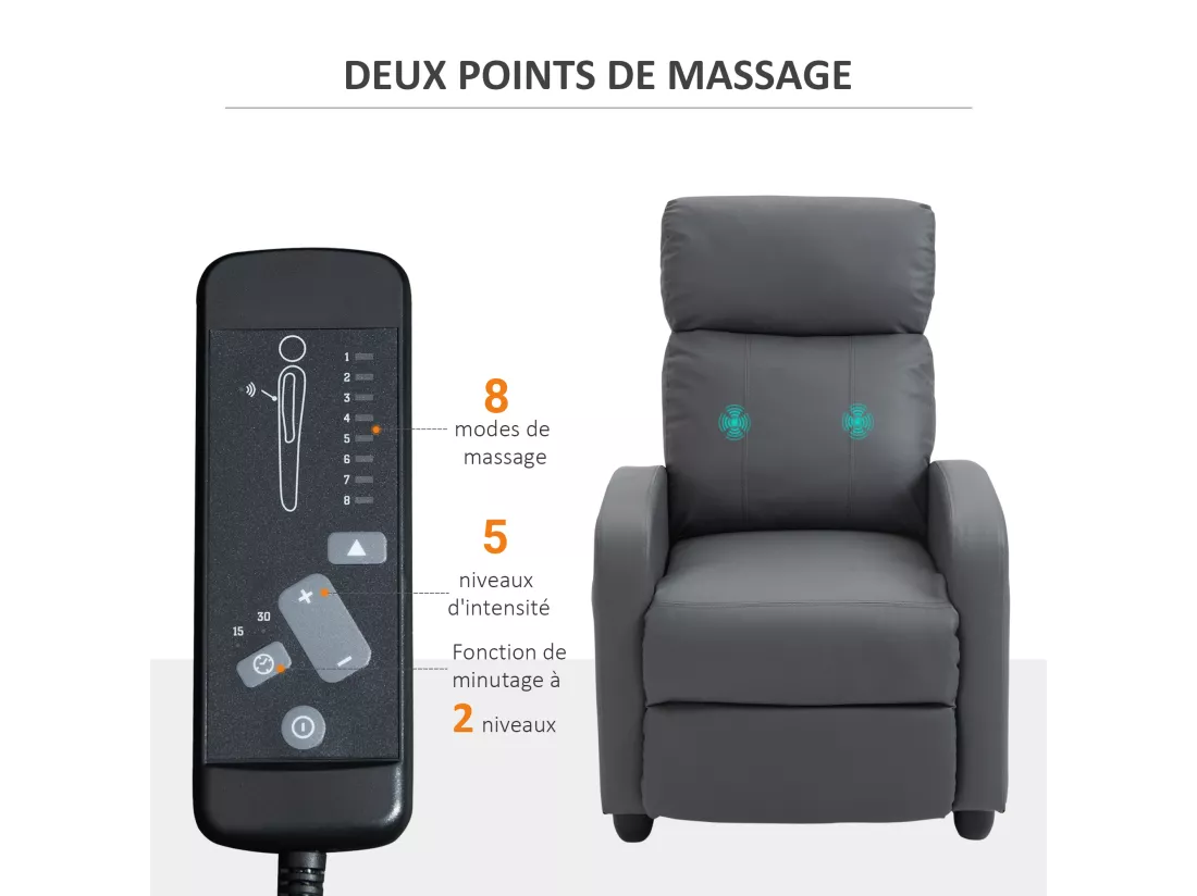 Fauteuil de relaxation et massage inclinaison dossier repose-pied réglable revêtement synthétique gris