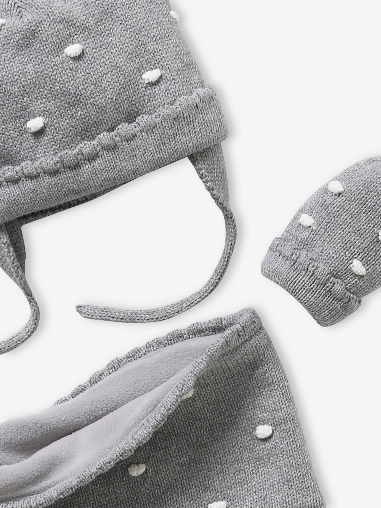 Conjunto de gorro, cachecol e luvas de bolinhas para bebê menina, cinza mescla escuro.