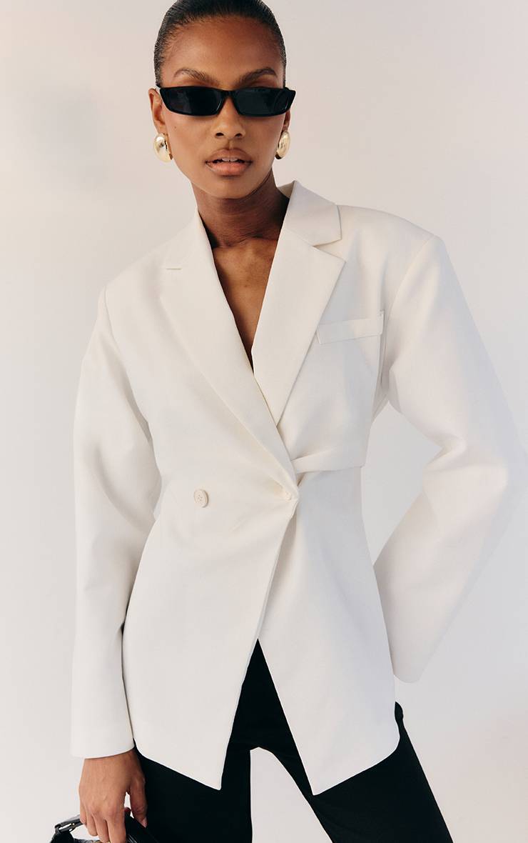 Blanc Blazer Cintré Taille Ajustée Aspect Lin