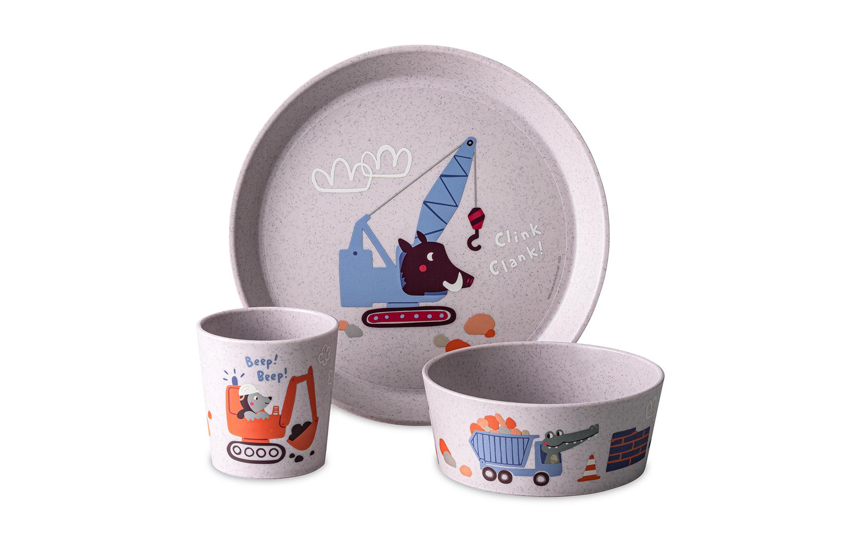 Kindergeschirrset CONNECT TRUCKS purple greyKindergeschirr aus Biokunststoff bestehend aus Teller, Schüssel und Becher