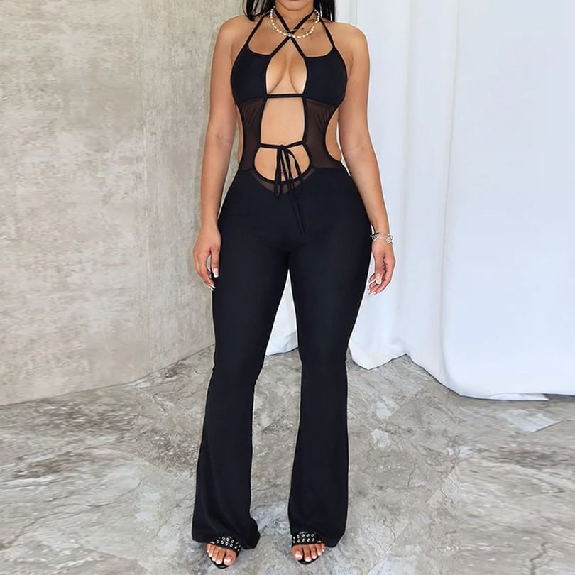 BrickBlack - Halter Jumpsuit met Uitgesneden Halterprint en Uitlopende Mouwen