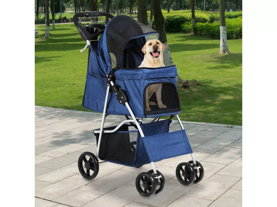 YITAHOME Poussette pour Chiens Petite et Moyenne Taille - 4 Roues avec Panier de Rangement - Pliable - avec Porte-Gobelet - Bleu Marine