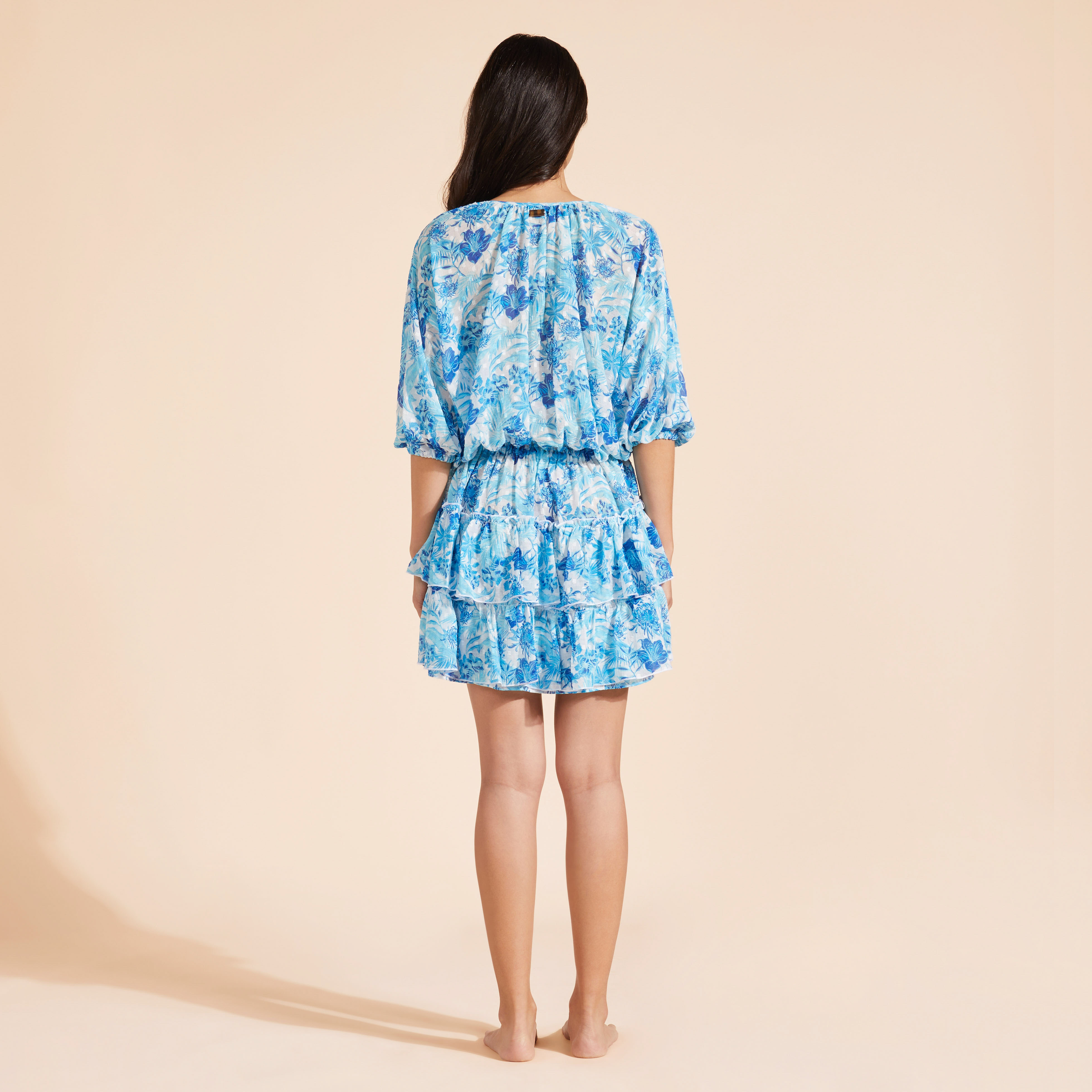 Robe Courte à Volants en Coton Femme Tahiti Flowers