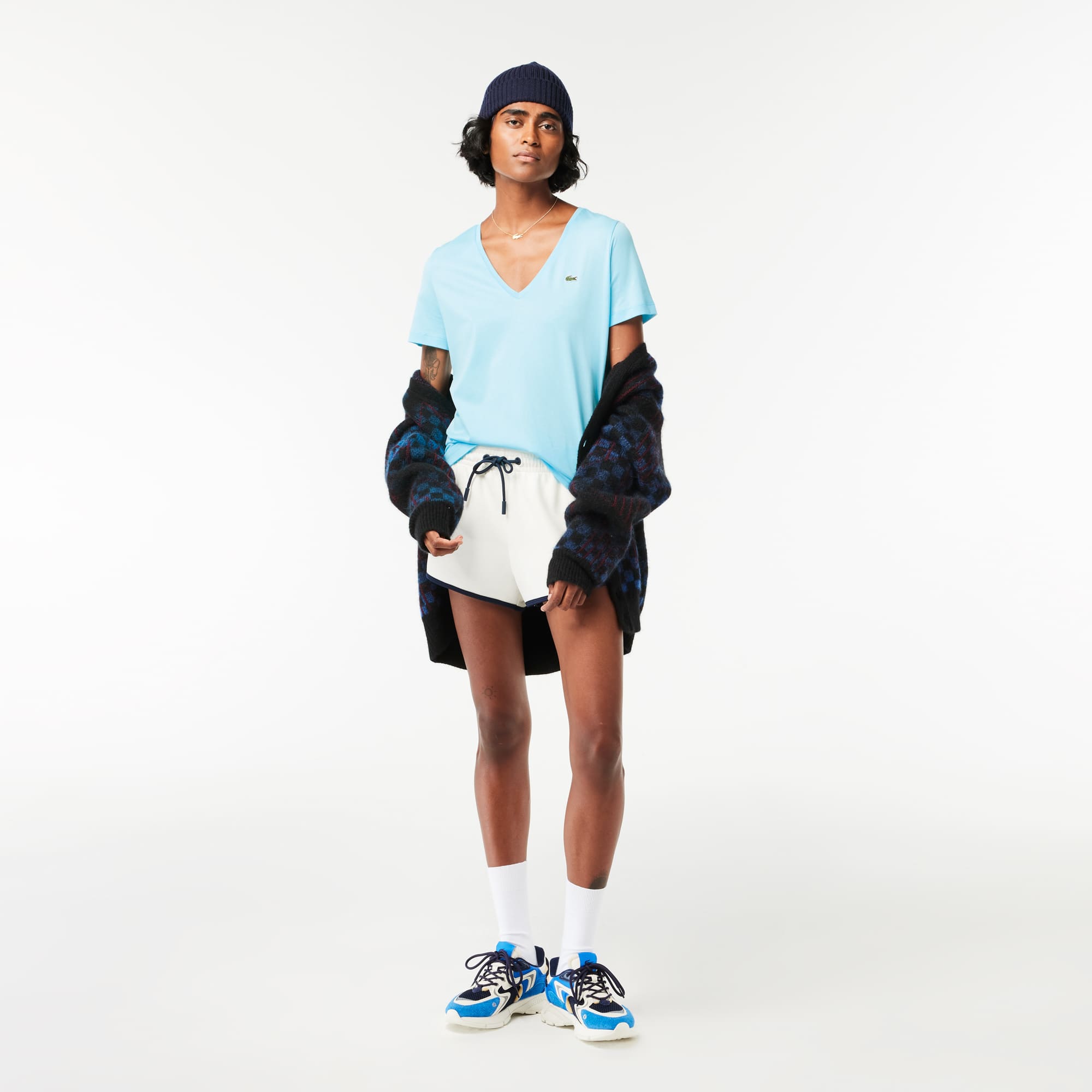 T-shirt à col V loose fit en coton uni T-Shirts - Bleu - Lacoste - Femme
