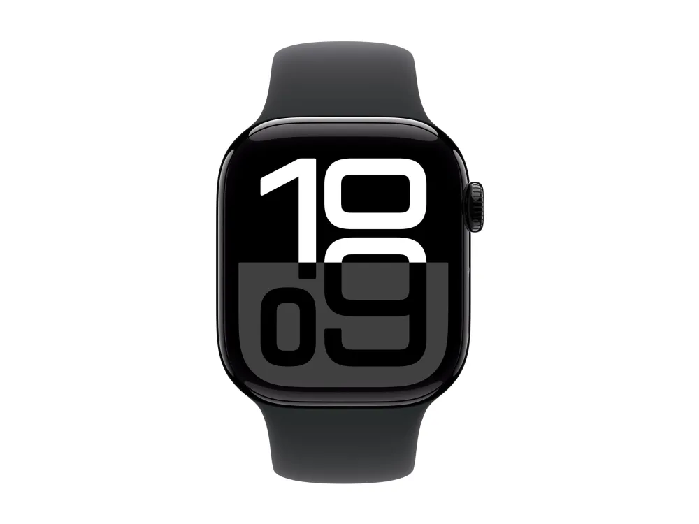 Apple Watch Series 10 (GPS) - 42 mm - jet sort aluminium - smart ur med sportsbånd - fluoroelastomer - sort - båndstørrelse: S/M - 64 GB - Wi-Fi 4, UWB, Bluetooth - 30 g