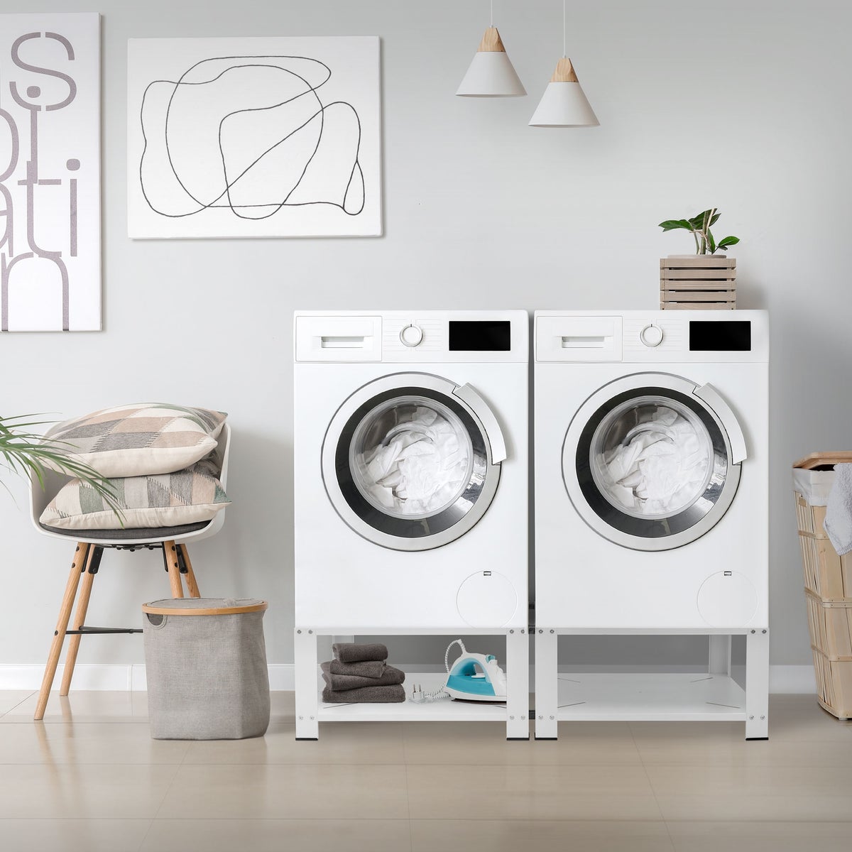 ML-Design Dubbele Wasmachine Onderstel met 2 Planken, Wit, 128x54 cm, Staal, 2x 150 kg, Stevige Dubbele Wasmachine Onderstel, 32 cm Hoog Platform, Verhoogde Onderkast, Dubbele Onderkast, Dubbel Platform