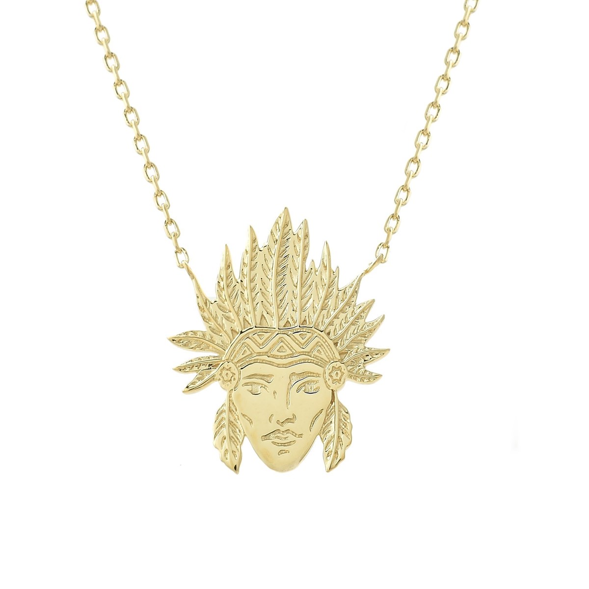 Collier tête d'indien d'Amérique amérindien coiffe plume Plaqué OR 750 3 microns