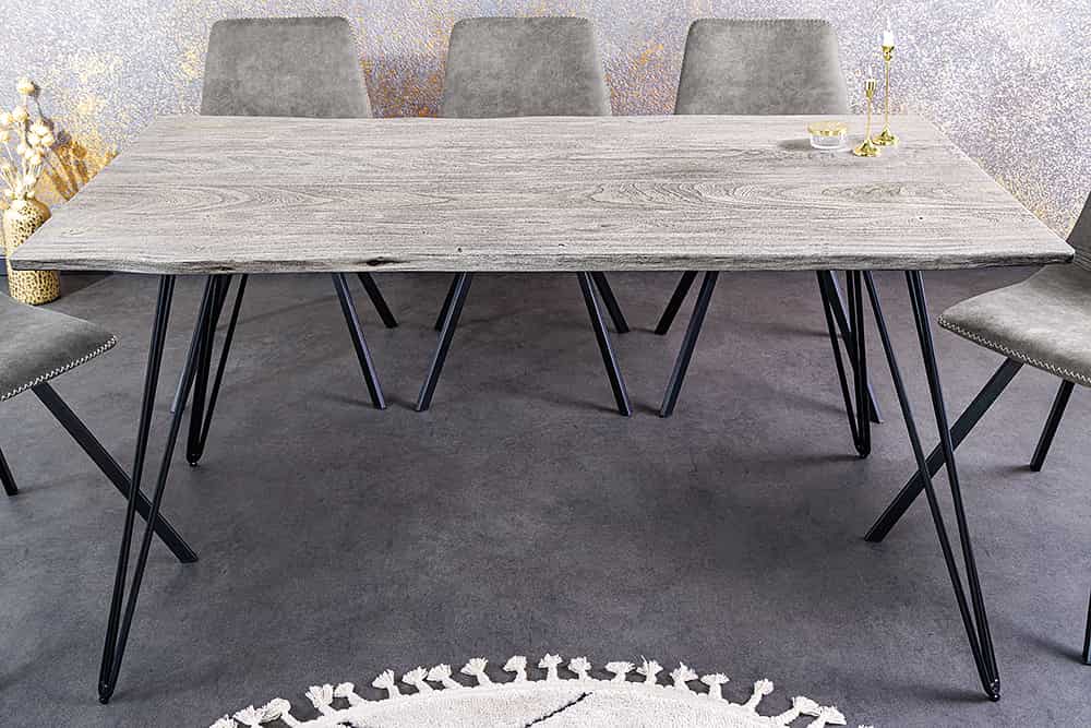 Massivholz Esstisch SCORPION 140cm grau Akazie Baumkante schwarze Metallbeine Hairpin Legs