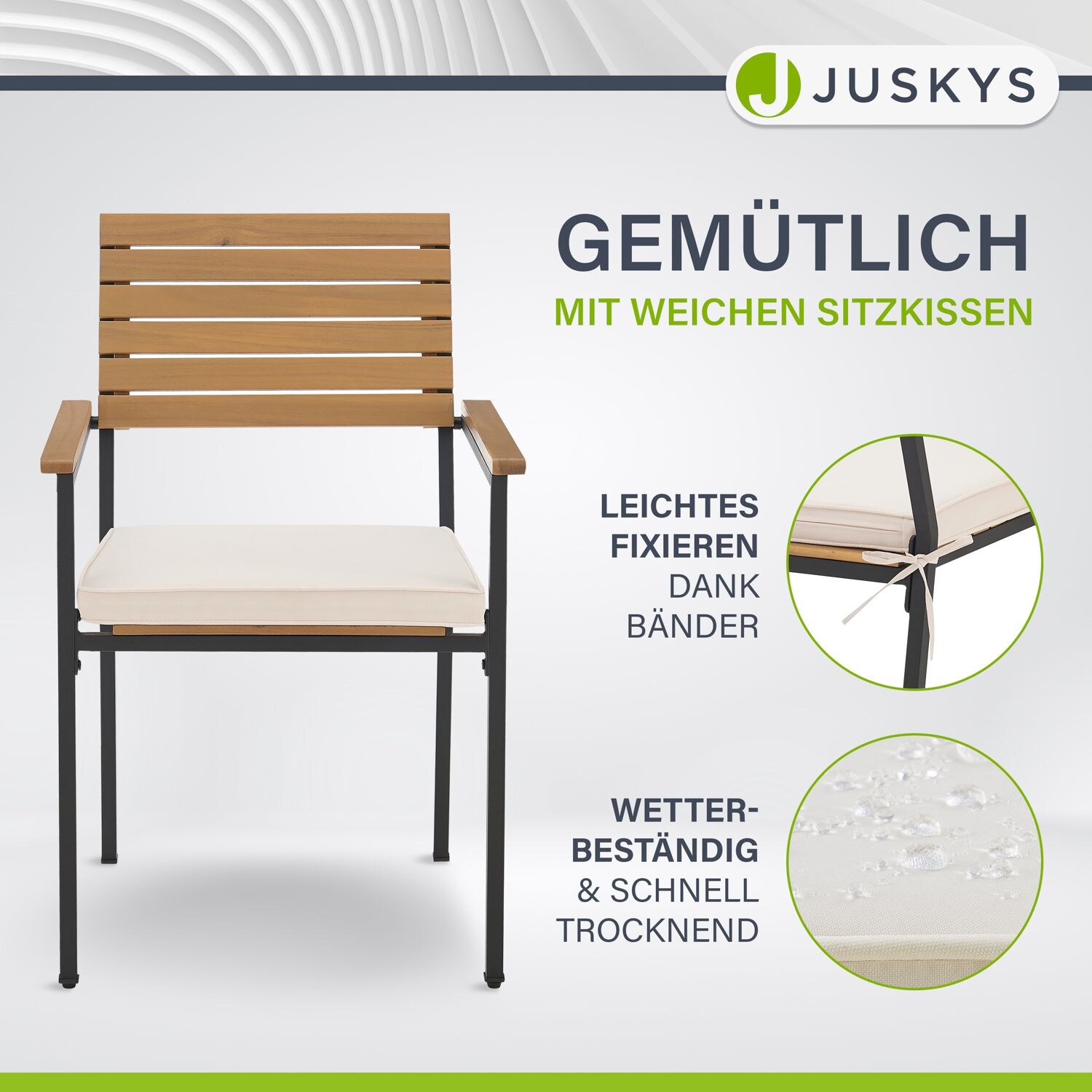 Juskys Akazienholz Gartengarnitur Rhodos - Tisch, 4 Stühle & Auflagen - Gartenmöbel Set - Holz Möbel