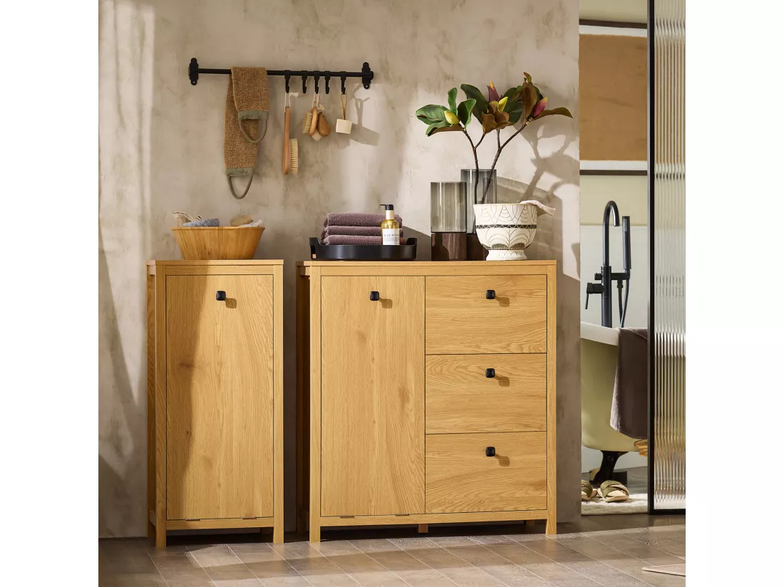 SoBuy Armoire à Linge avec Sac à Linge, Meuble Bas de Salle de Bain, Commode pour Salle de Bain, Armoire Toilette avec 3 Tiroirs et 1 Panier à Linge, Naturel Foncé, 80x35x90 cm, BZR97-SN