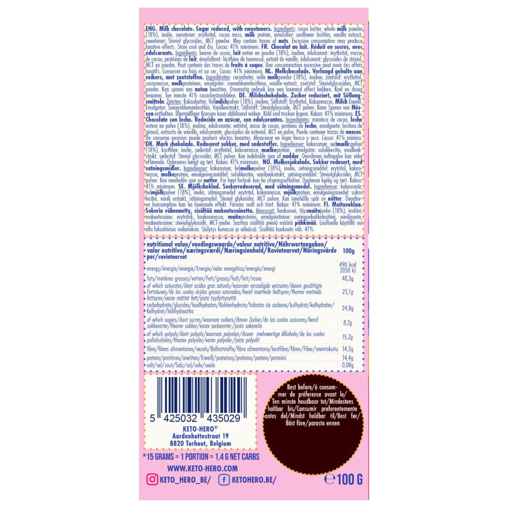 3x Keto Hero Chocolade Reep Melk100 gr