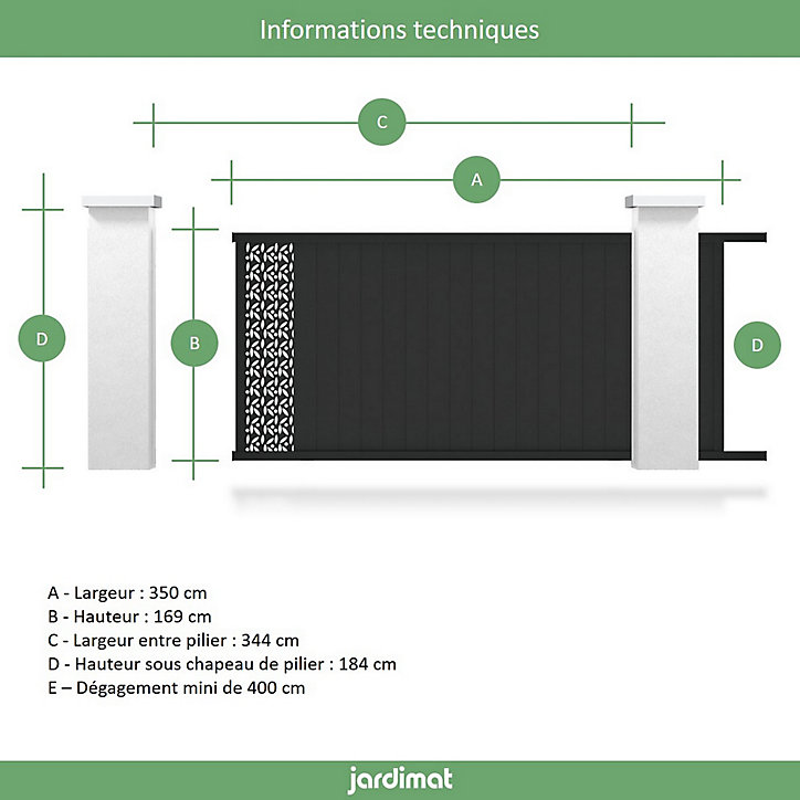Portail Jardimat coulissant aluminium Olivier noir 2100 - 350 x h.169 cm
