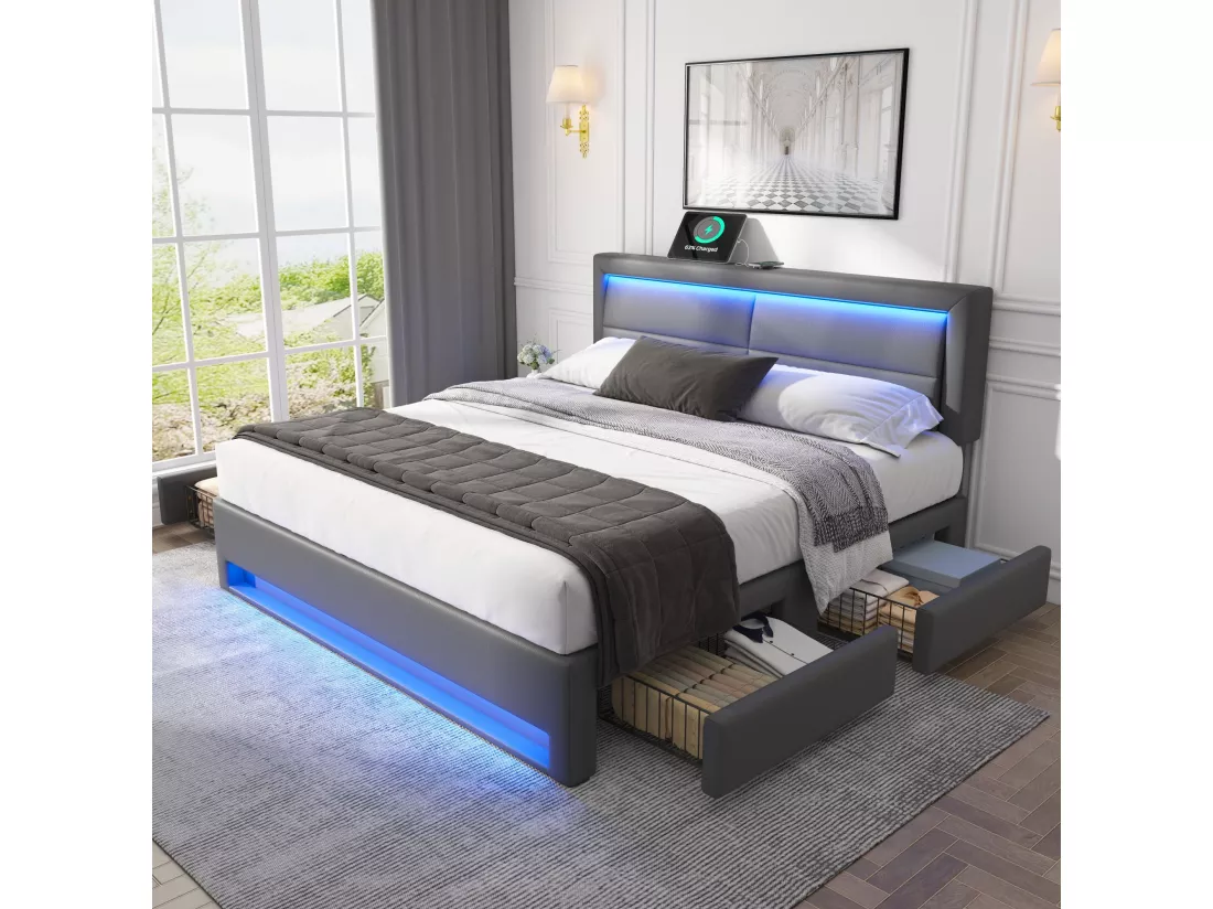 Lit rembourré 140 x 190 cm avec port USB (supporte le chargement sans fil et filaire), avec éclairage LED et quatre tiroirs de rangement, gris
