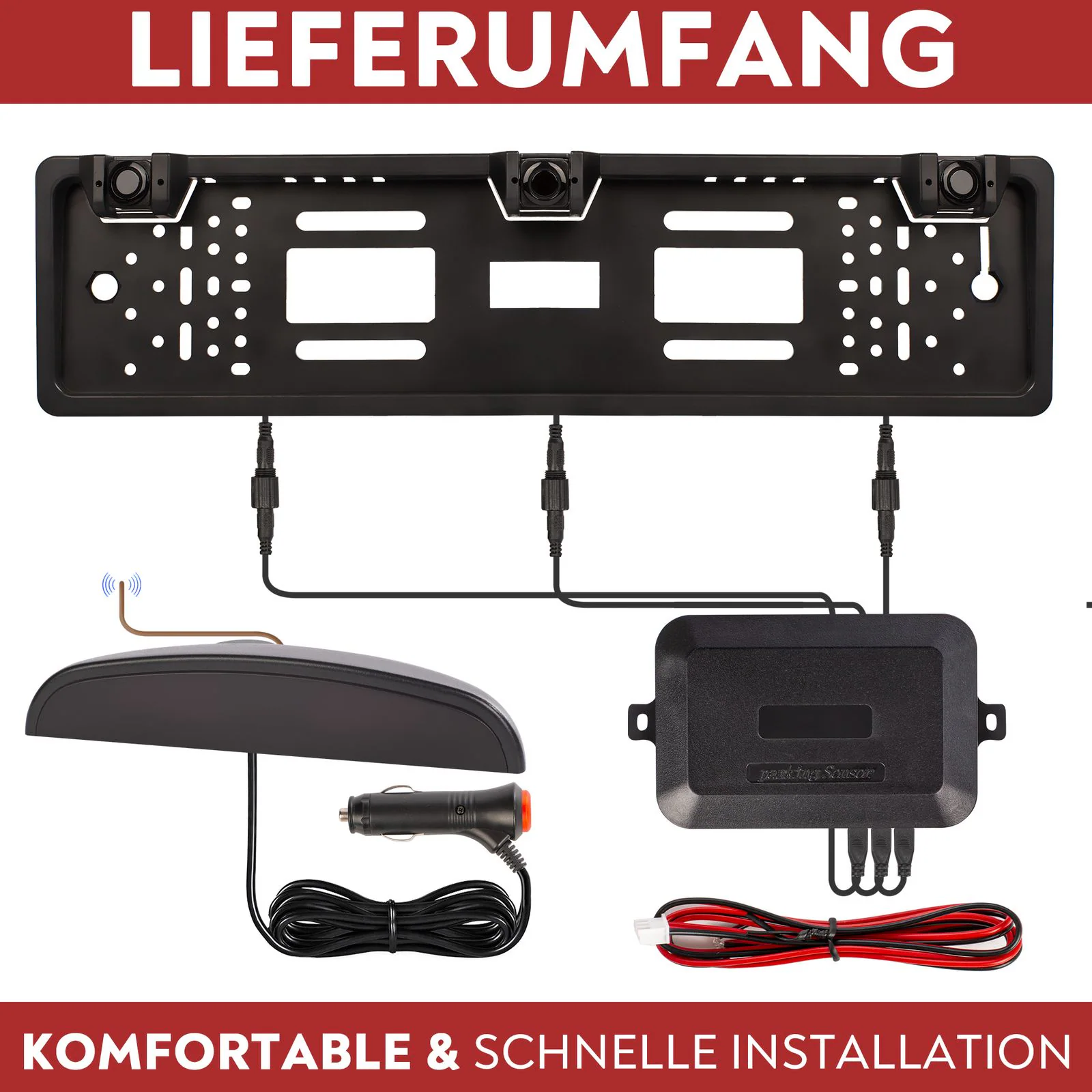 CARMATRIX Funk Einparkhilfe mit 3 PDC Sensoren im Kennzeichen Nummernschild kabellos
