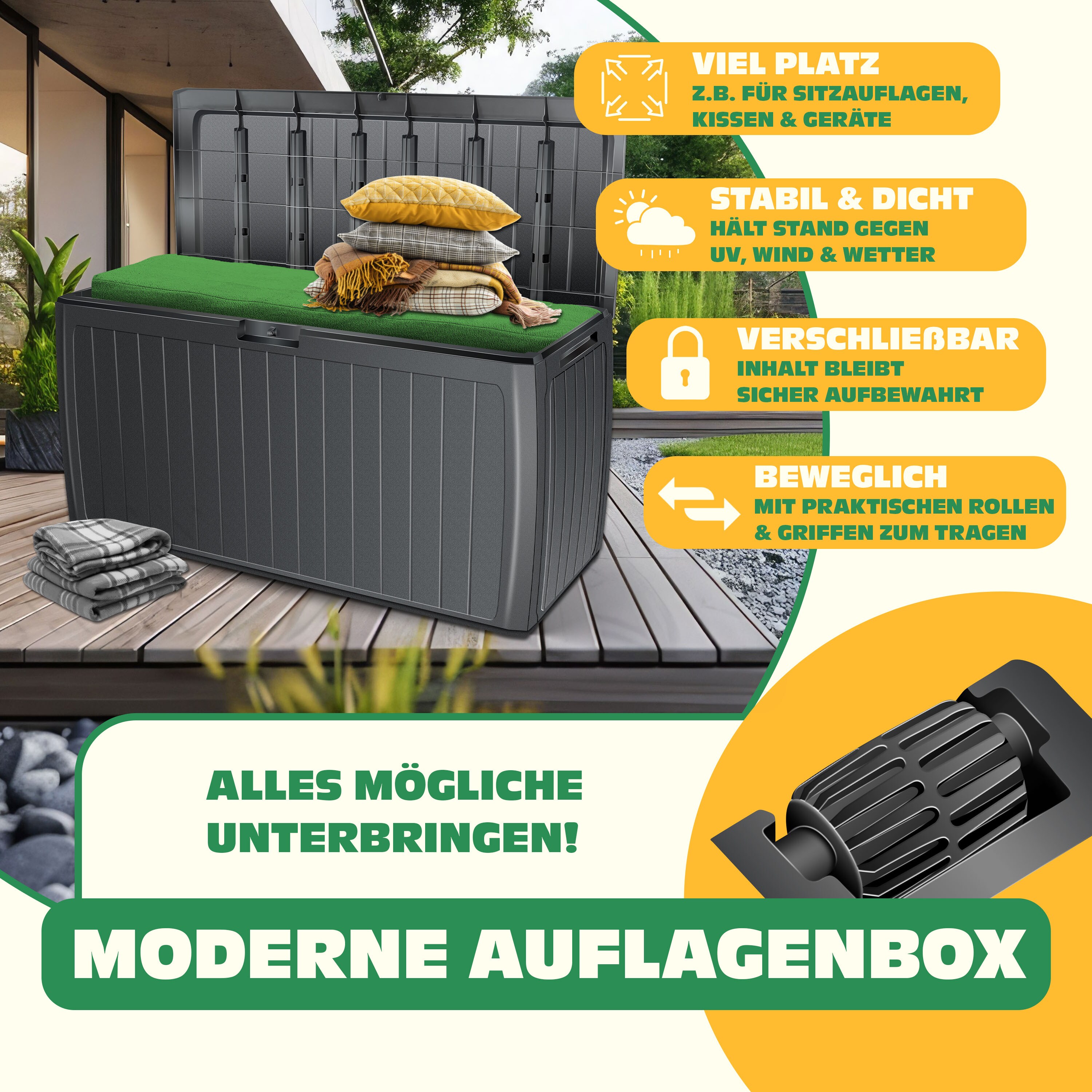 KESSER® Auflagenbox Kissenbox 290 Liter mit abschließbarem Deckel Haltegriffe Gartenbox