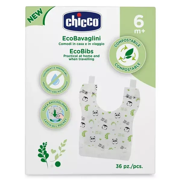 Babador Chicco Compostável para Refeição +6m Decorado - Pacote com 36 unidades