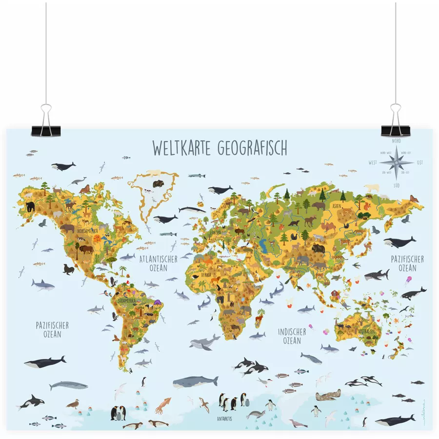 Nikima Poster Kinder Weltkarte Tiere geografisch - in 3 Größen bunt