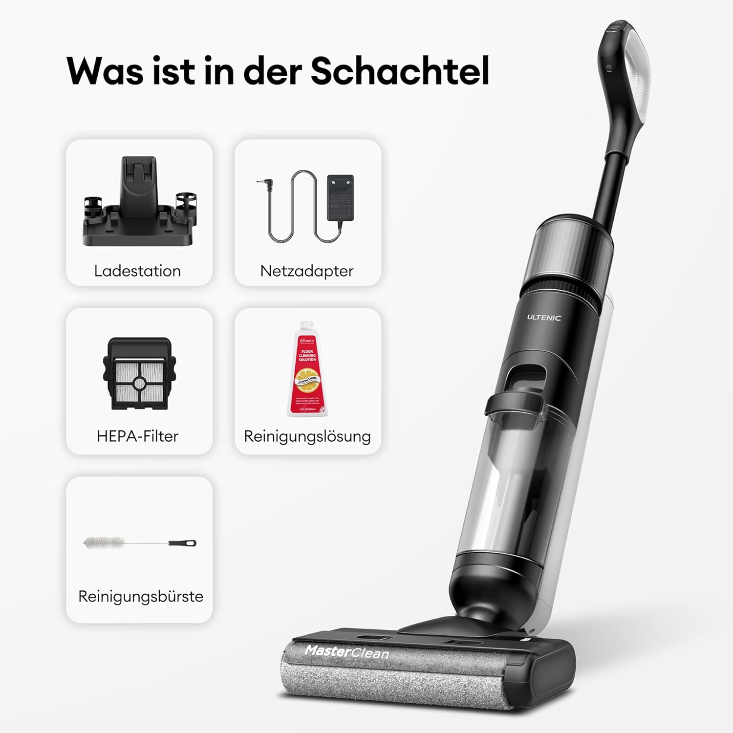 Ultenic AC1 Elite Nass-Trockensauger kabelloser Staubsauger mit Wischfunktion, 3 in 1, 50 Min., intelligente Schmutzerkennung, 14.000 Pa Saugkraft, Selbstreinigung, 1,15 L, doppelter Tank, LED-Display