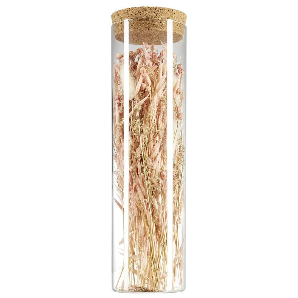 Tube en verre couvercle liège intérieur fleurs séchées roses